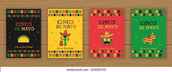 Set of cinco de mayo party poster template. Festive vector illustration with native pinata, taco and mariachi, cocktail face and garland flags for traditional Mexican celebration on cinco de mayo.