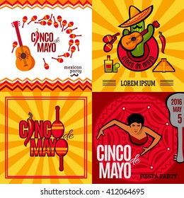 Set of Cinco De Mayo vector placards, holiday banners. Cinco De Mayo  lettering design isolated on sun rays background. Bright design for Mexican party. Vector illustration