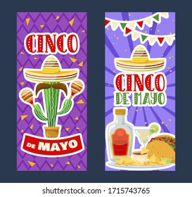 Set of cinco de mayo vertical  banners, mexican traditional fiesta. Vector