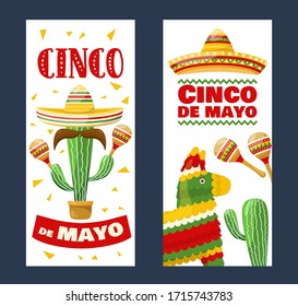 Set of cinco de mayo vertical  banners, mexican traditional fiesta. Vector