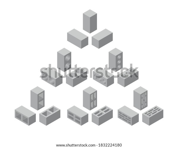 Set of cinder\
blocks isolated on white background. Gray bricks. Set of concrete\
building blocks icons. Construction. Flat 3d isometric vector\
cement blocks icons\
illustration.