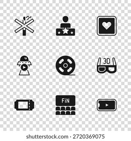Set Cinema auditorium with screen, 3D cinema glasses, Online play video, Film reel, Like heart, No smoking, Actor star and Science fiction icon. Vector