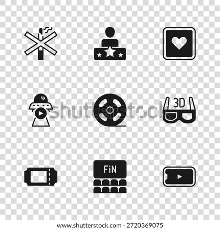 Set Cinema auditorium with screen, 3D cinema glasses, Online play video, Film reel, Like heart, No smoking, Actor star and Science fiction icon. Vector
