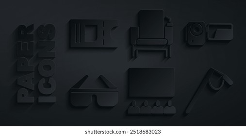 Set Cinema auditorium with screen, camera, 3D cinema glasses, Microphone, chair and ticket icon. Vector