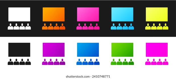Set Cinema auditorium with screen icon isolated on black and white background.  Vector Illustration