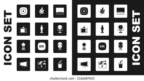 Set Cinema auditorium with screen, Movie trophy, Retro tv, Stereo speaker, Director movie chair, Microphone and  icon. Vector