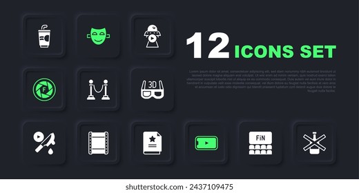 Set Cinema auditorium with screen, No alcohol, Rope barrier, Online play video, Camera shutter, Play, Comedy theatrical mask and Scenario icon. Vector