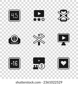 Establece el auditorio del cine con pantalla, video de reproducción en línea, Me gusta el corazón, No fumar, teléfono celular, película de calificación e icono de la entrada. Vector