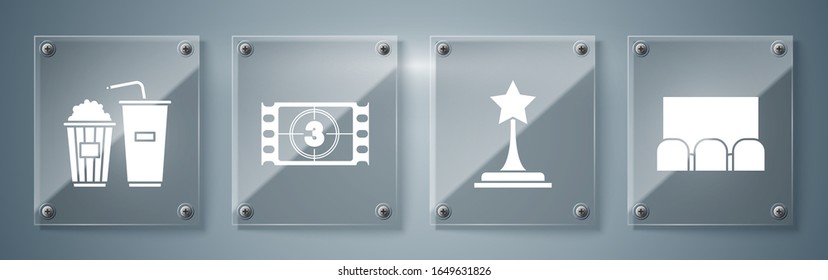 Ponemos en el auditorio de cine con pantalla y asientos , Trofeo de película , Play Video y Popcorn y vaso de refresco. Paneles de vidrio cuadrado. Vector