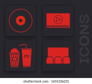 Set Cinema auditorium with screen and seats , CD or DVD disk , Online play video  and Popcorn and soda drink glass icon. Vector