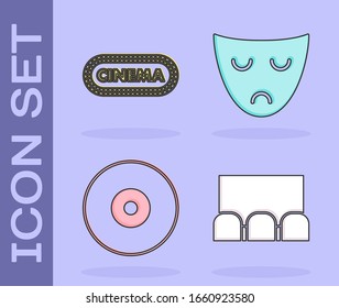 Set Cinema auditorium with screen and seats , Cinema poster design template , CD or DVD disk  and Drama theatrical mask  icon. Vector