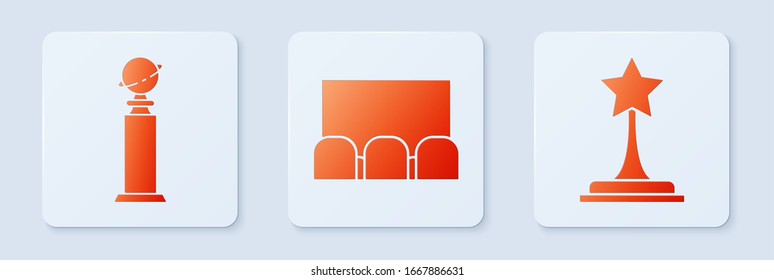 Set Cinema auditorium with screen and seats , Trophy Golden Globe  and Movie trophy . White square button. Vector