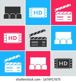 Set Cinema auditorium with screen and seats , 4k movie, tape, frame  and Movie clapper  icon. Vector