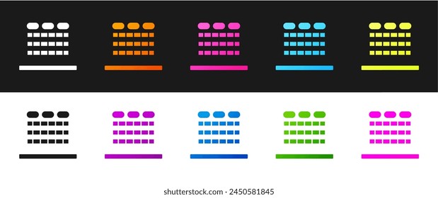 Set Cinema auditorium with screen and seats icon isolated on black and white background.  Vector Illustration