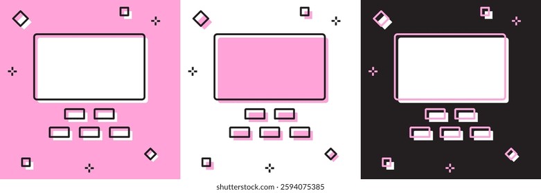 Set Cinema auditorium with screen and seats icon isolated on pink and white, black background.  Vector