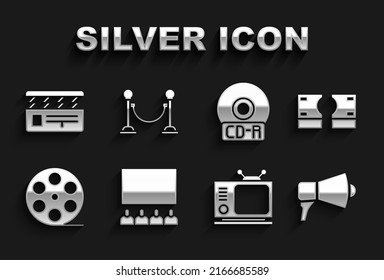 Set Cinema auditorium with screen, Stacks paper money cash, Megaphone, Retro tv, Film reel, CD DVD disk, Movie clapper and Rope barrier icon. Vector