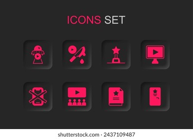 Set Cinema auditorium with screen, Thriller movie, Science fiction, Scenario, Online play video, Backstage, Movie trophy and No cell phone icon. Vector