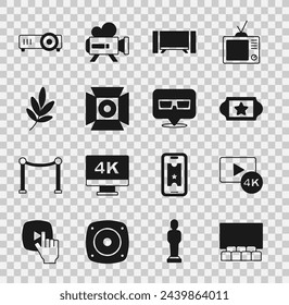 Set Cinema auditorium with screen, Screen tv 4k, ticket, Smart Tv, Movie spotlight, trophy, Movie, film, media projector and 3D cinema glasses icon. Vector