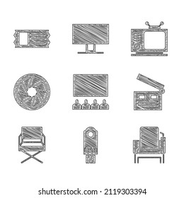 Set Cinema auditorium with screen, USB flash drive, chair, Movie clapper, Director movie, Camera shutter, Retro tv and ticket icon. Vector