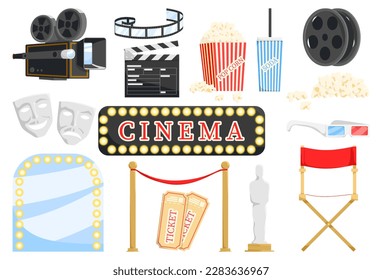 Set of cinema award premiere isolated on white background. Director red chair, retro movie camera with film reels, popcorn and soda, clapperboard. Television industry equipment. Vector illustration