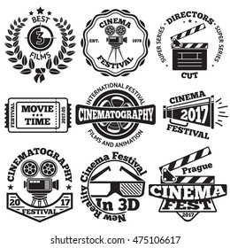 Set of Cinema badges with camera, clapboard, ticket etc. Vector