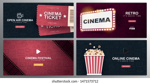 Set of Cinema banners with tickets, film strips, popcorn and theatre sign. Hand draw doodle background