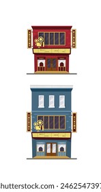 Set of cinema buildings vector illustration isolated on white background. Movie theater and houses exterior view in flat style.