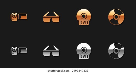 Set Cinema camera, 3D cinema glasses, CD or DVD disk and  icon. Vector