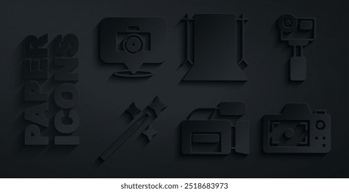 Set Cinema camera, Action extreme, Photo retouching, Empty photo studio and  icon. Vector