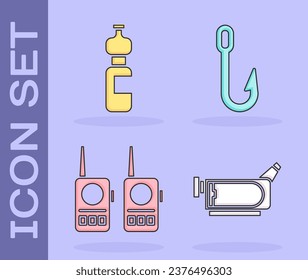 Set Cinema Kamera, Flasche Wasser, Walkie Talkie und Fishing Haken Symbol. Vektorgrafik
