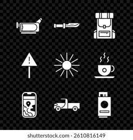 Set Cinema camera, Camping knife, Hiking backpack, City map navigation, Pickup truck, Passport with ticket, Exclamation mark triangle and Sun icon. Vector