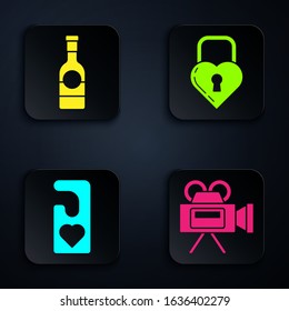 Set Cinema camera, Champagne bottle, Please do not disturb with heart and Castle in the shape of a heart. Black square button. Vector