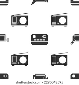 Set Cinema camera, Credit card and Radio with antenna on seamless pattern. Vector