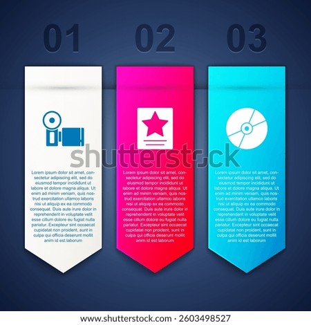Set Cinema camera, Hollywood walk of fame star and CD or DVD disk. Business infographic template. Vector