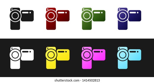 Set Cinema camera icon isolated on black and white background. Video camera. Movie sign. Film projector. Vector Illustration