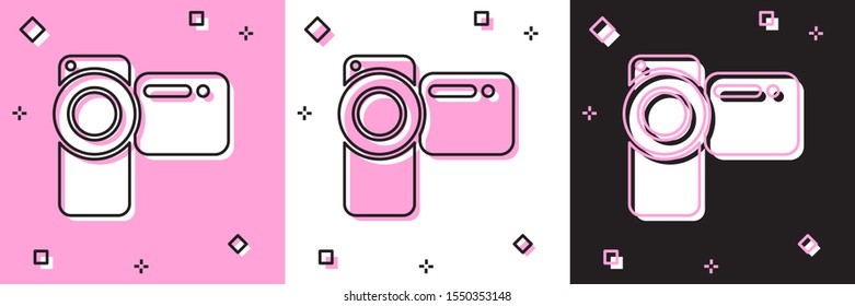 Set Cinema camera icon isolated on pink and white, black background. Video camera. Movie sign. Film projector.  Vector Illustration