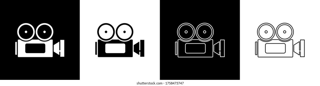 Set Cinema camera icon isolated on black and white background. Video camera. Movie sign. Film projector.  Vector Illustration