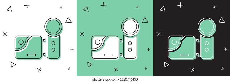 Set Cinema Kamera Symbol einzeln auf weißem und grünem, schwarzem Hintergrund. Videokamera. Filmzeichen. Filmprojektor.  Vektorgrafik