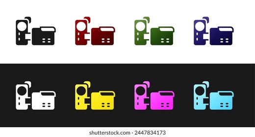 Set Cinema camera icon isolated on black and white background. Video camera. Movie sign. Film projector.  Vector