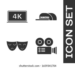 Set Cinema Camera , Laptop Screen With 4k Video Technology , Comedy And Tragedy Theatrical Masks  And Cap With Inscription Director  Icon. Vector