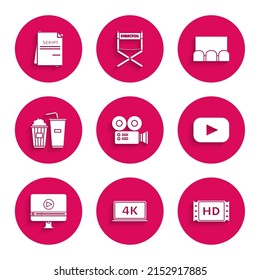 Set Cinema camera, Laptop screen with 4k video technology, movie, tape, frame, Play, Online play, Popcorn and soda drink glass,  and Scenario icon. Vector