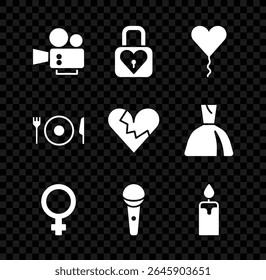 Set Cinema camera, Lock and heart, Balloon form of, Female gender symbol, Microphone, Burning candle, Plate, fork knife and Broken divorce icon. Vector