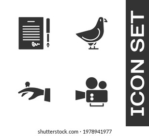 Set Cinema camera, Marriage contract, Wedding rings hand and Dove icon. Vector