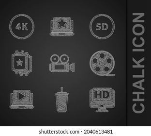Set Cinema camera, Paper glass with water, Monitor HD video, Film reel, Online play, ticket, 5d virtual reality and 4k Ultra icon. Vector