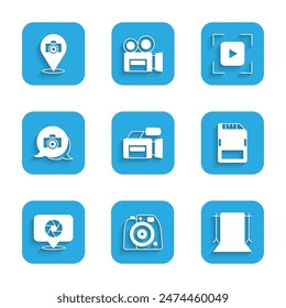 Set Cinema camera, Photo, Empty photo studio, SD card, Camera shutter, focus frame line and  icon. Vector