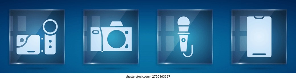 Set Cámara de cine, cámara de fotos, micrófono y teléfono inteligente, teléfono móvil. Paneles de vidrio cuadrados. Vector