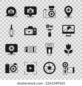 Set Cinema camera, Photo mode macro, retouching, Dust blower,  and Action extreme icon. Vector