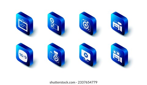 Set Cinema camera, Photo, Retro cinema, Camera shutter, frame 16 and  icon. Vector