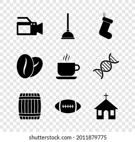 Set Cinema camera, Rubber plunger, Christmas sock, Wooden barrel, American Football ball and Church building icon. Vector