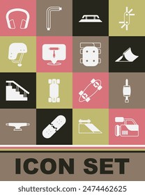 Set Cinema camera, Screwdriver, Skate park, Skateboard stairs with rail, T tool, helmet, Headphones and Knee pads icon. Vector